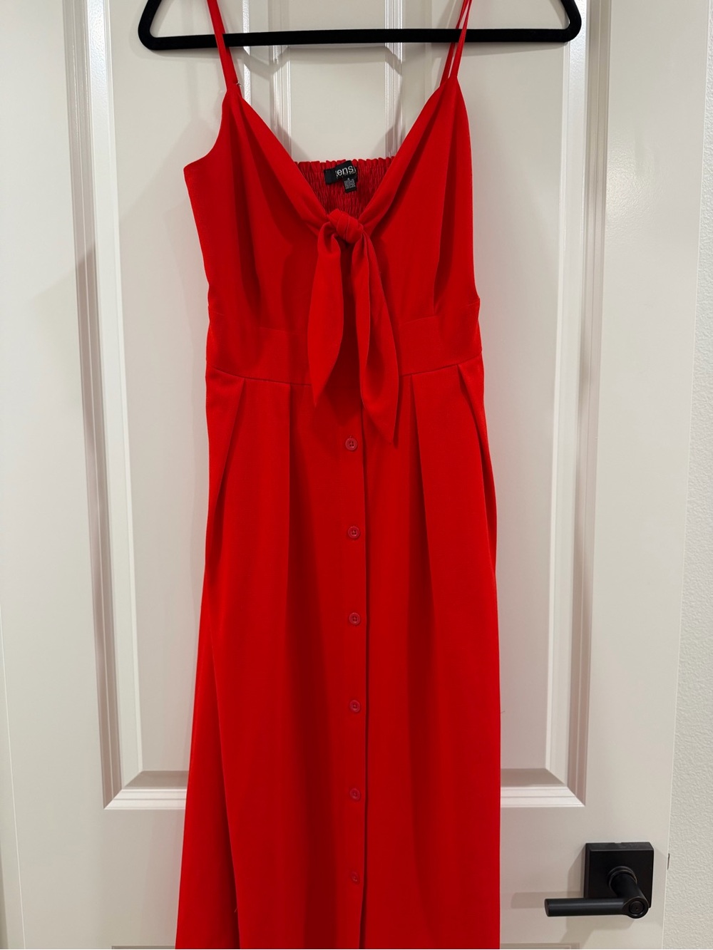 Red Tie-Front Button Midi Dress